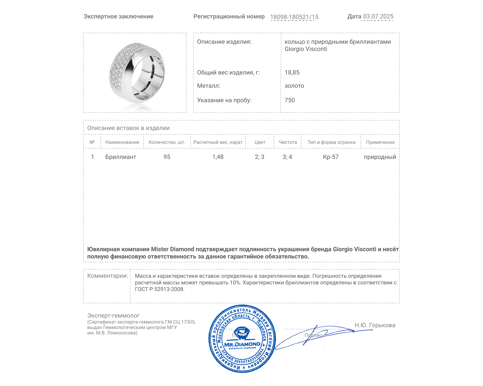 Оригинальное золотое кольцо с бриллиантами 1.48ct Giorgio Visconti