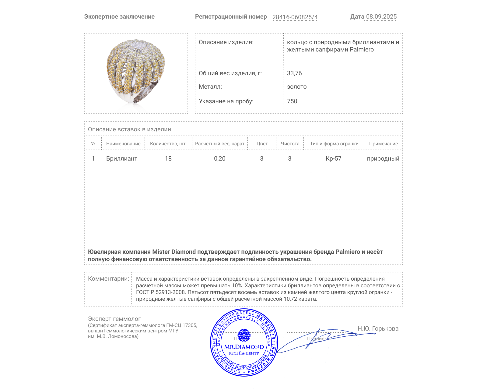 Оригинальное золотое кольцо с желтыми сапфирами 10.72ct Palmiero