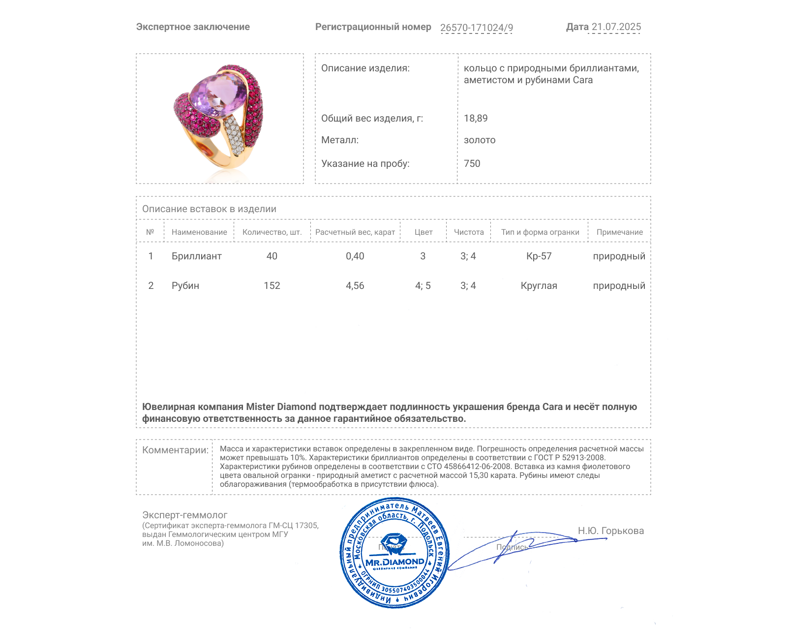 Оригинальное золотое кольцо с аметистом 15.30ct Cara