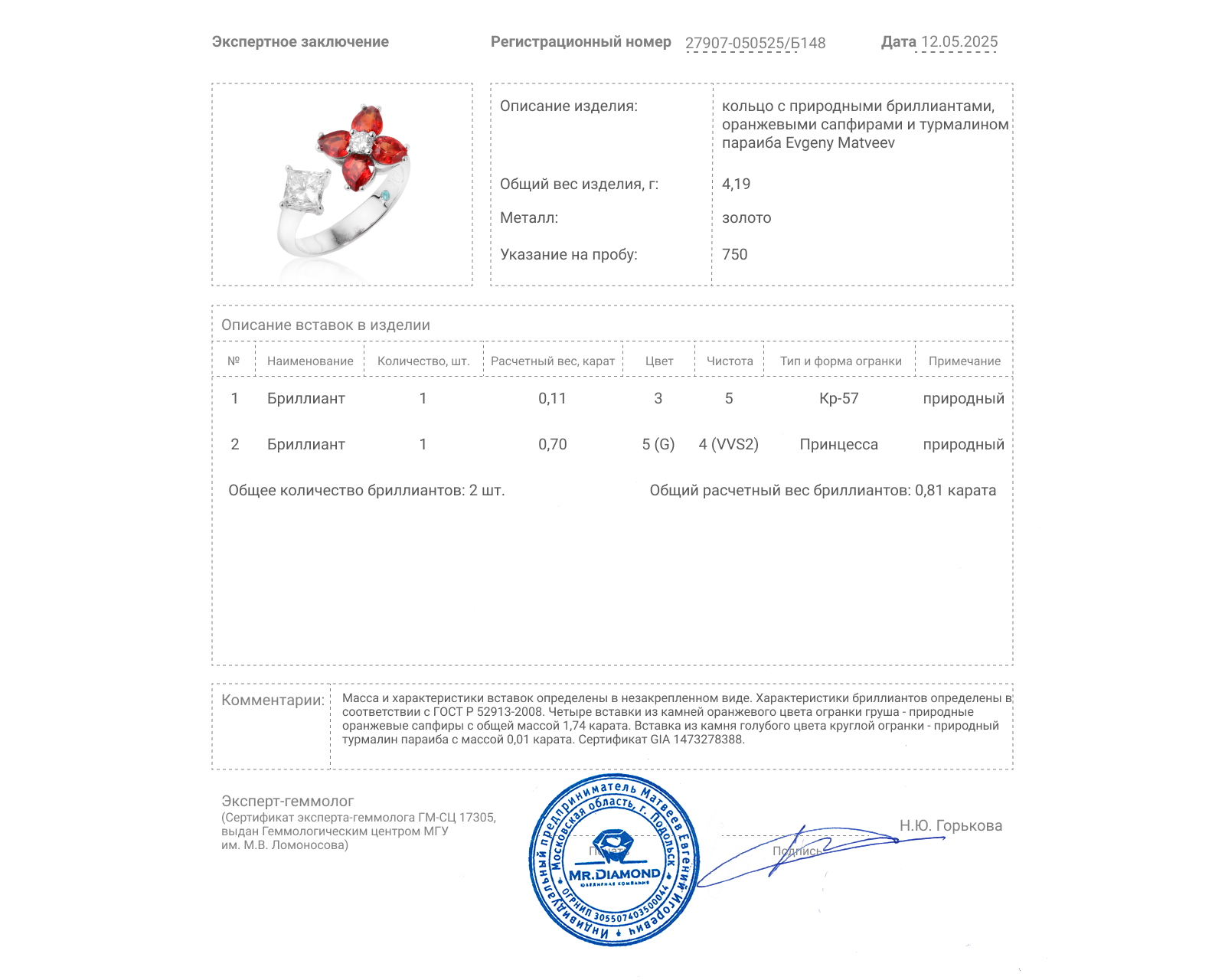 Золотое кольцо с бриллиантами 0.81ct и сапфирами 1.74ct Evgeny Matveev