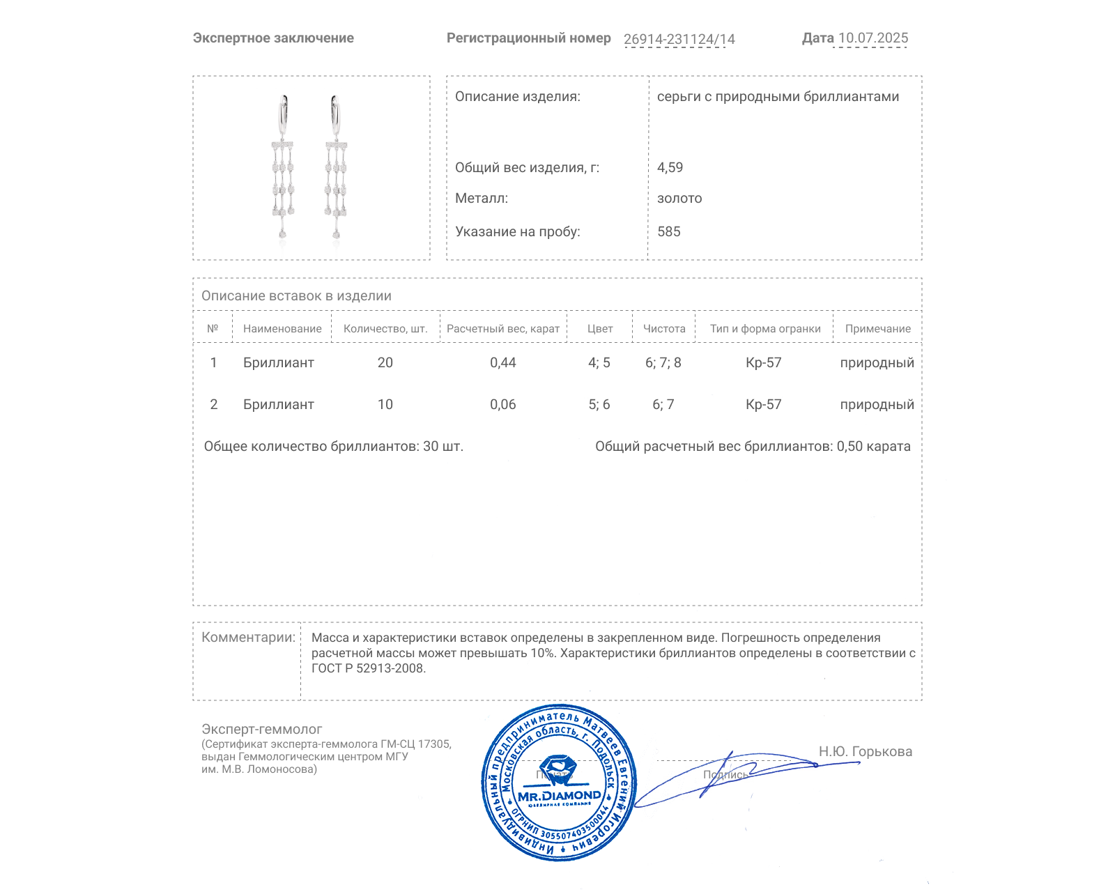 Золотые серьги с бриллиантами 0.50ct