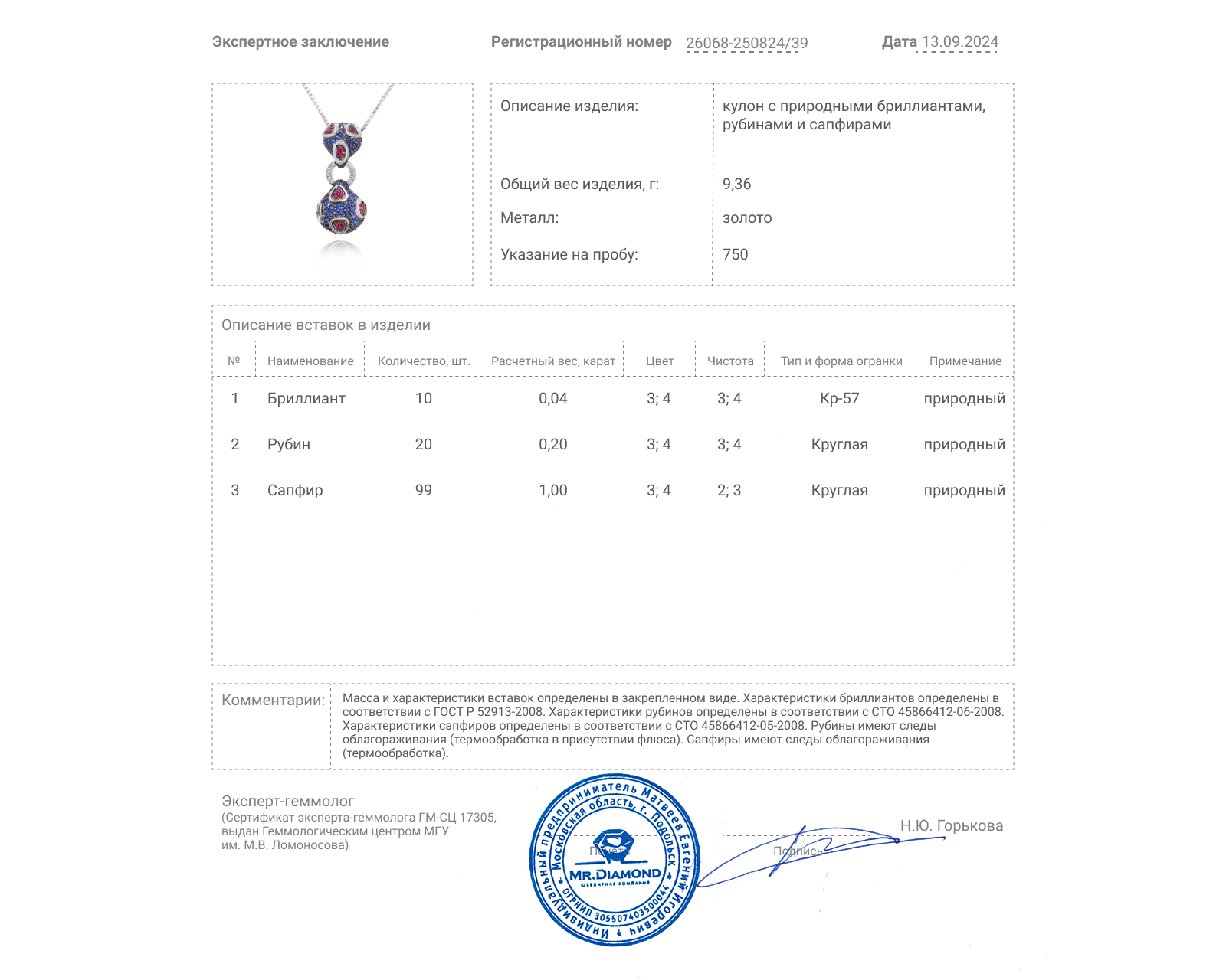 Золотой кулон с рубинами 0.20ct и сапфирами 1.00ct