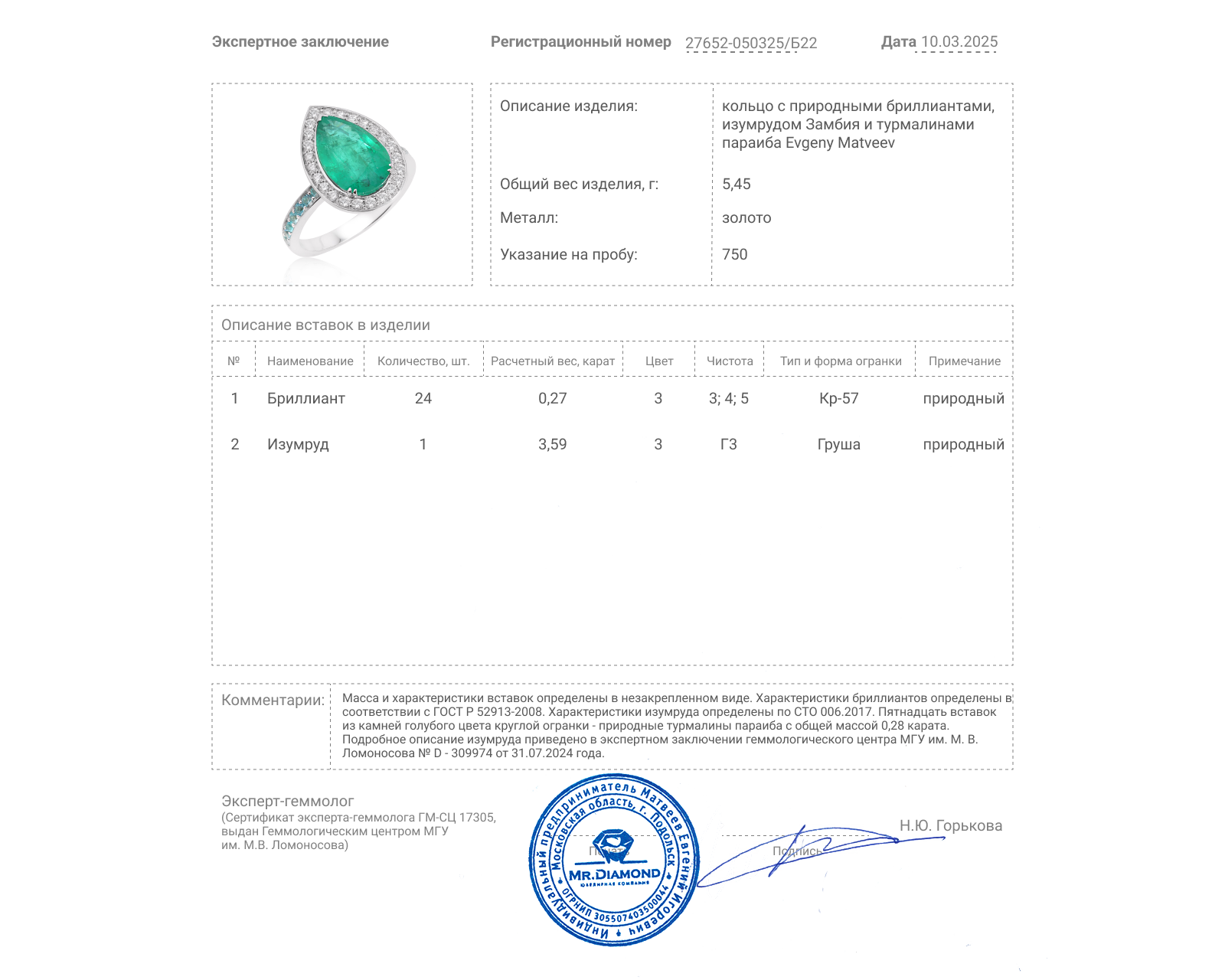 Золотое кольцо с изумрудом Замбия 3.59ct Evgeny Matveev