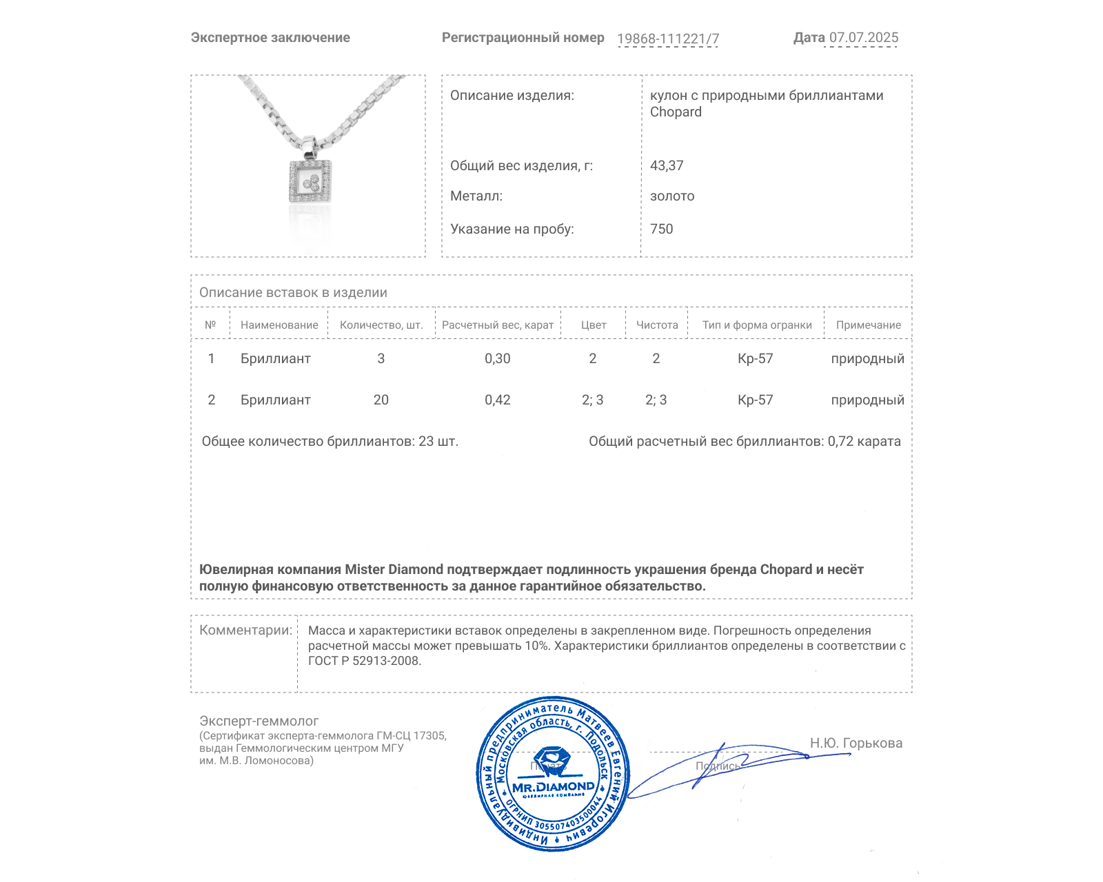 Оригинальный золотой кулон с бриллиантами 0.72ct Chopard Happy Diamonds