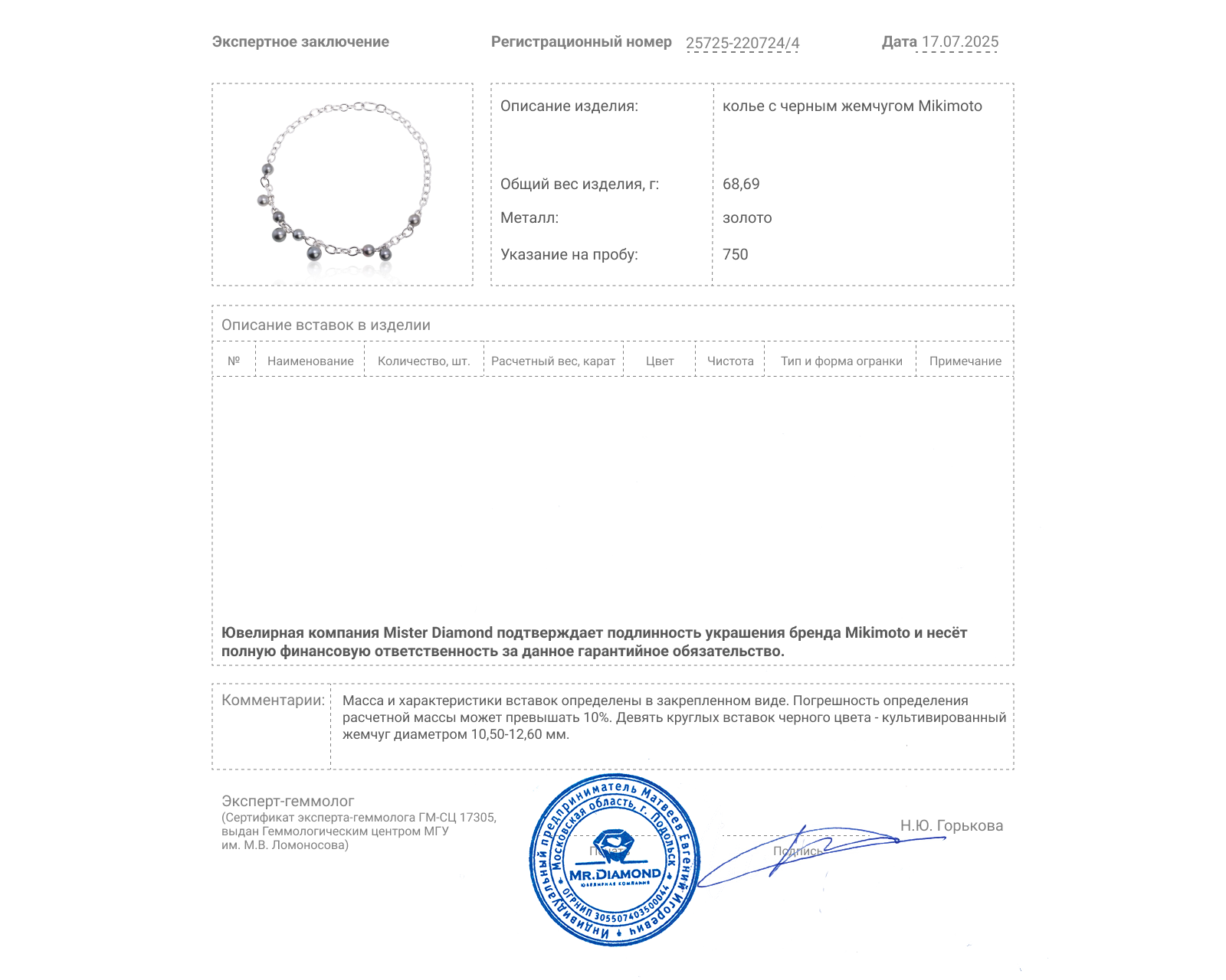 Оригинальное золотое колье с черным жемчугом Mikimoto