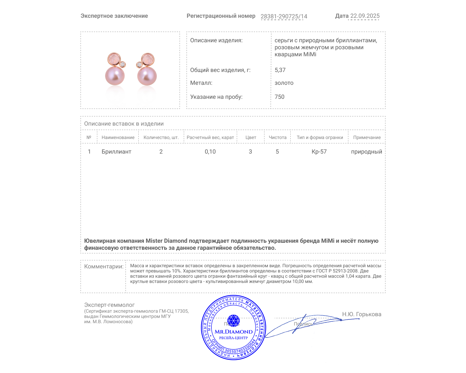 Оригинальные золотые серьги с жемчугом и кварцем 1.04ct MiMi