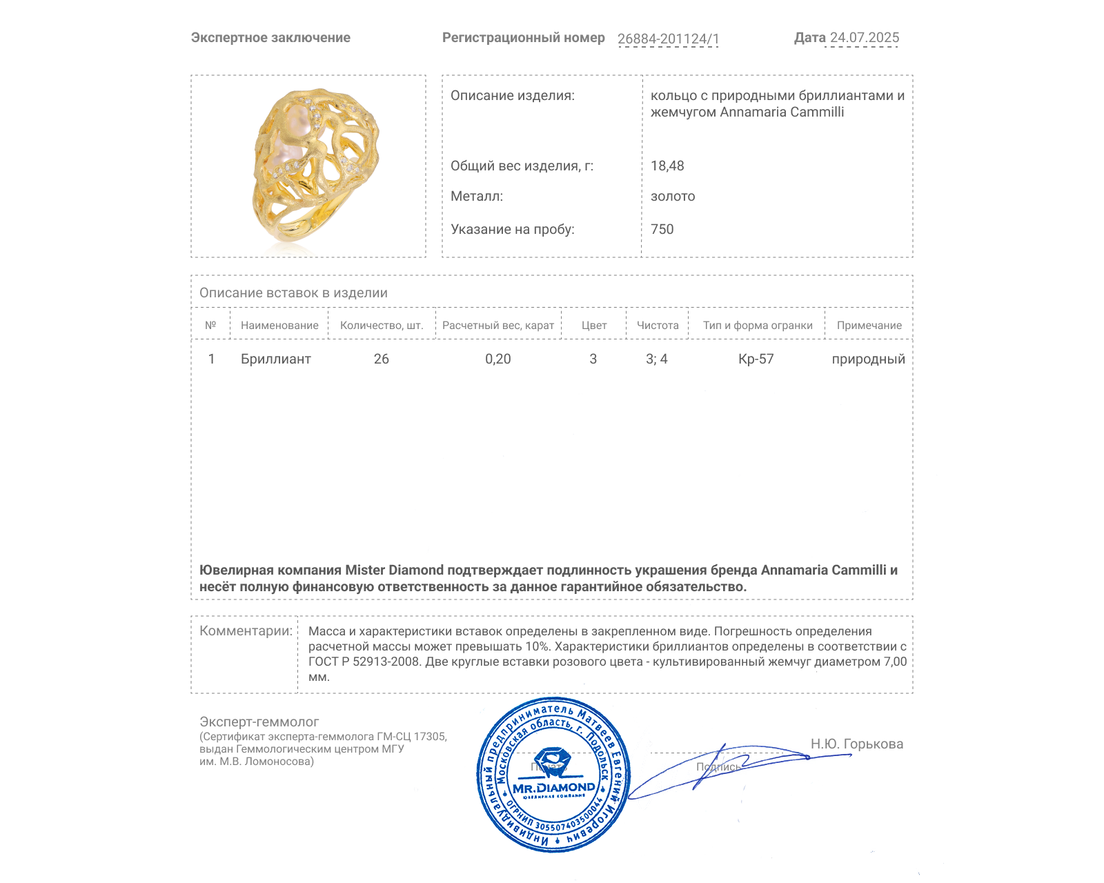 Оригинальное золотое кольцо с жемчугом 7.00 мм Annamaria Cammilli