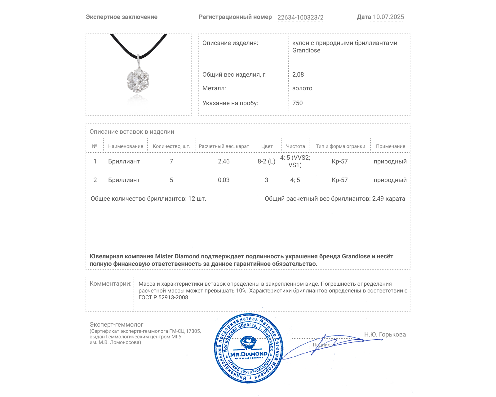 Оригинальный золотой кулон с бриллиантами 2.49ct Grandiose