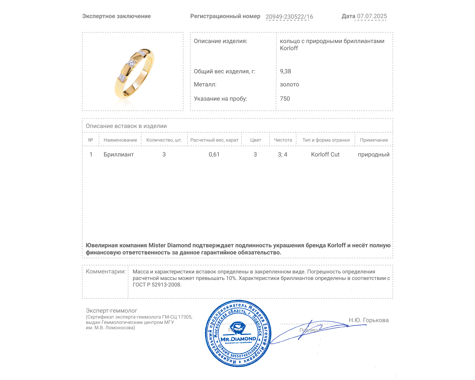 Оригинальное золотое кольцо с бриллиантами 0.61ct Korloff