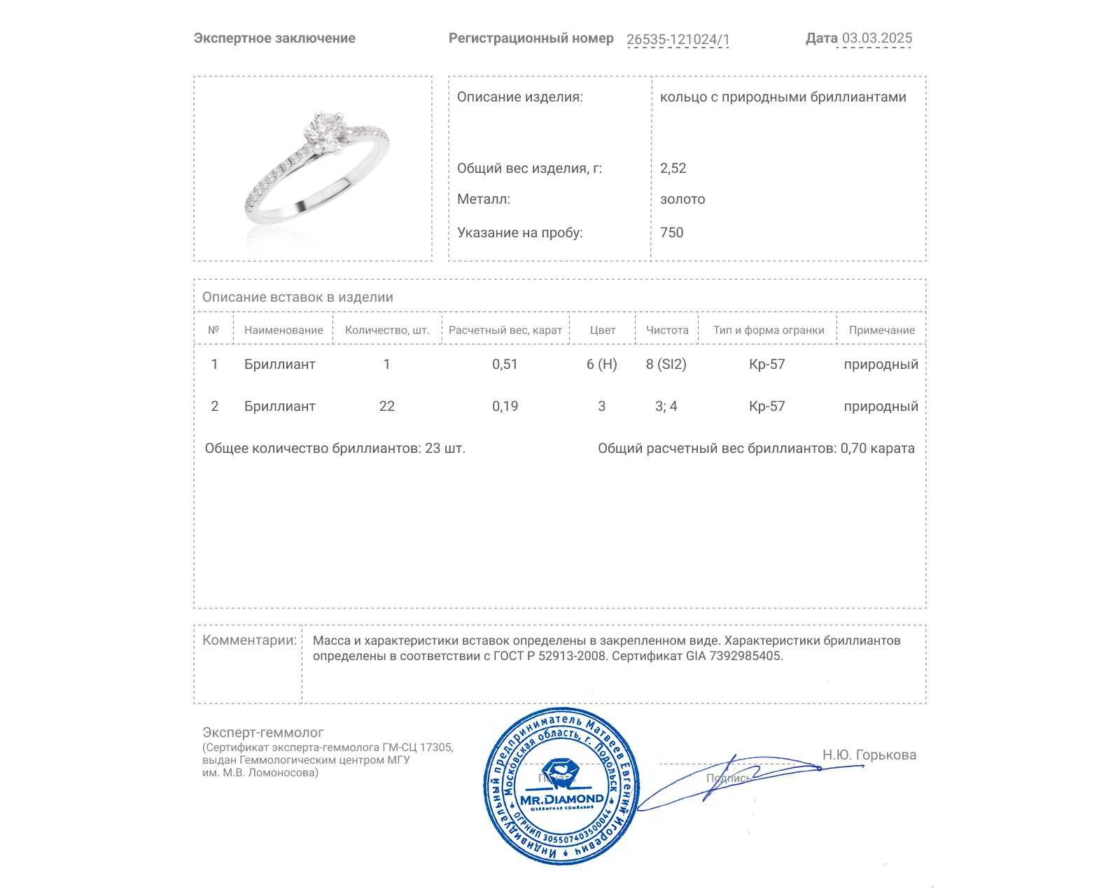 Золотое кольцо с бриллиантами 0.70ct