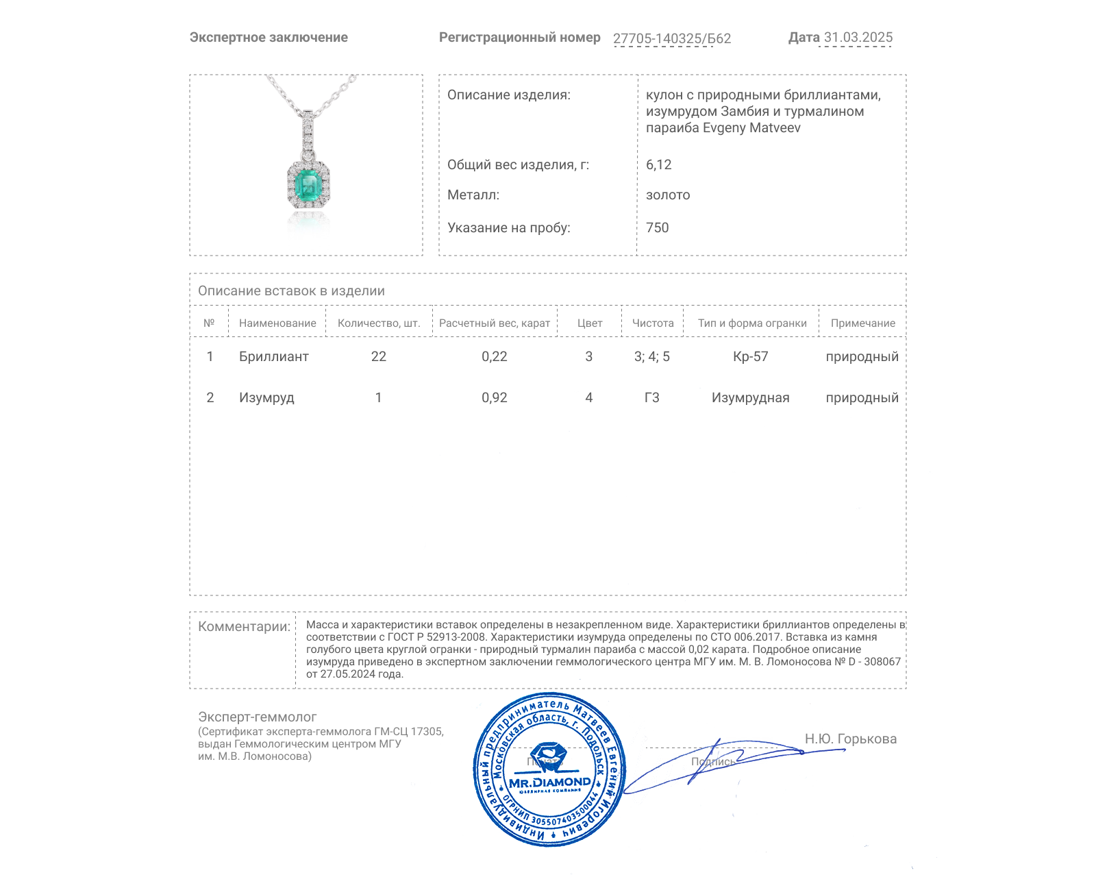 Золотой кулон с изумрудом Замбия 0.92ct Evgeny Matveev