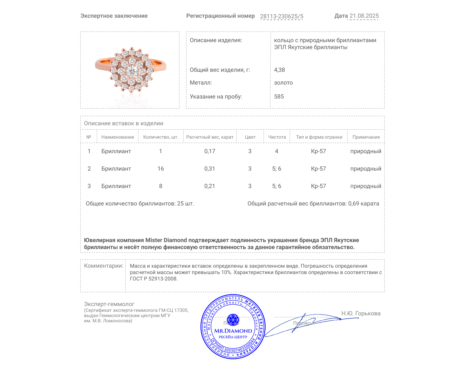 Оригинальное золотое кольцо ЭПЛ Якутские бриллианты