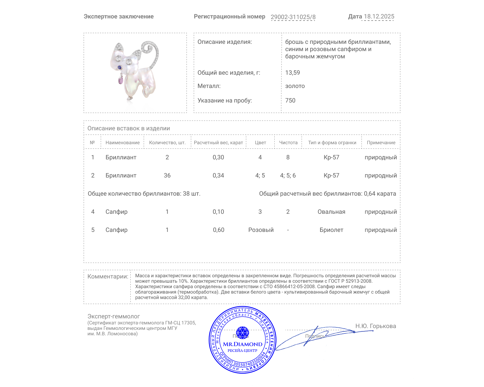 Золотая брошь с барочным жемчугом 32.00ct