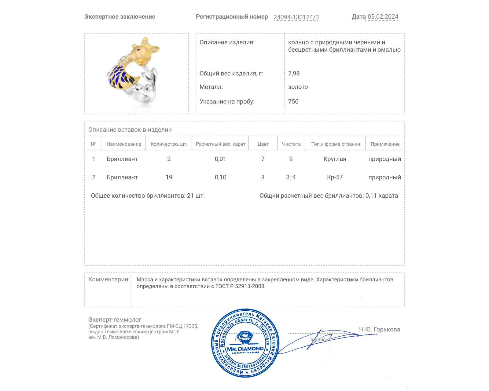 Золотое кольцо с эмалью и бриллиантами 0.11ct Evgeny Matveev