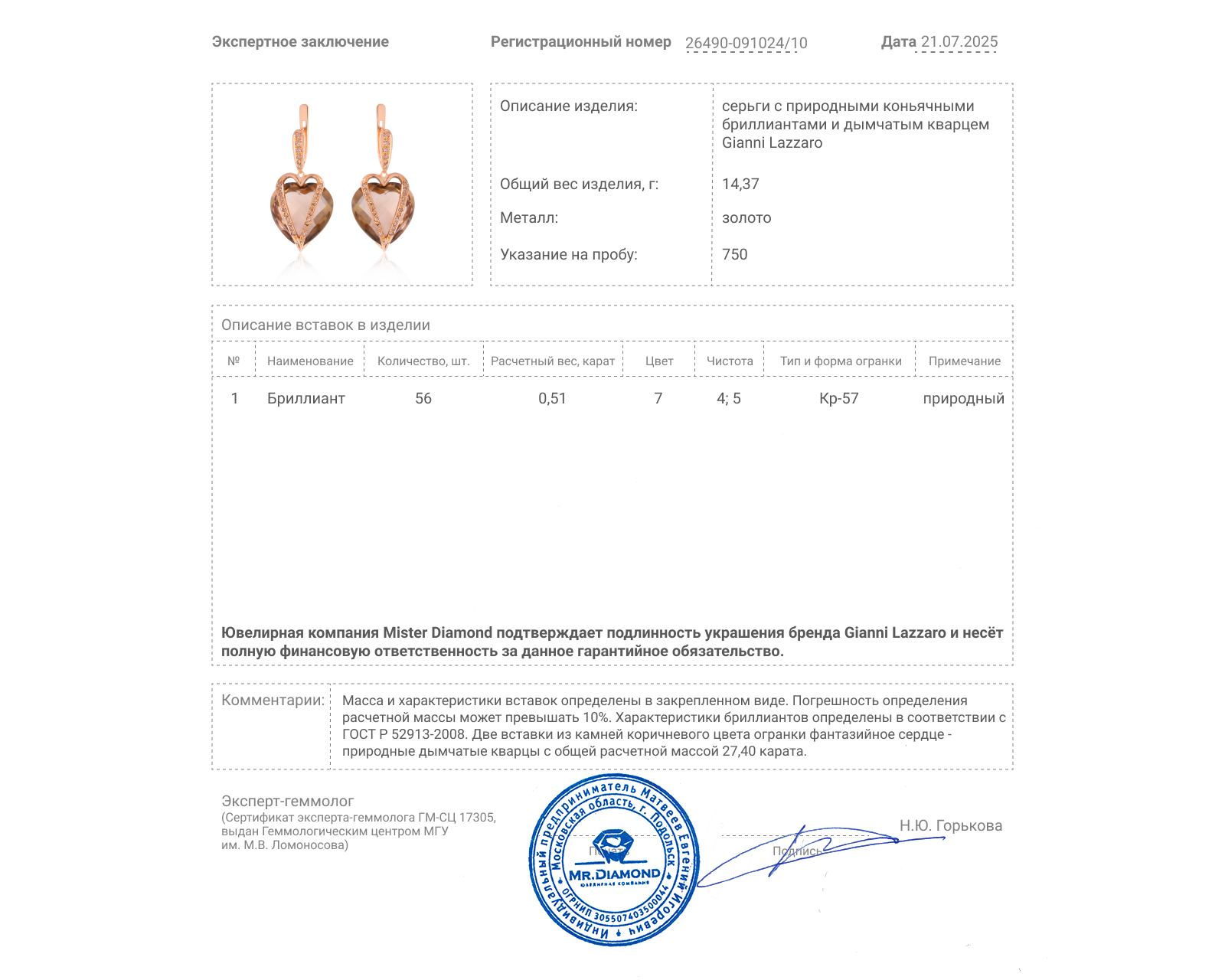 Оригинальные золотые серьги с кварцем 27.40ct Gianni Lazzaro