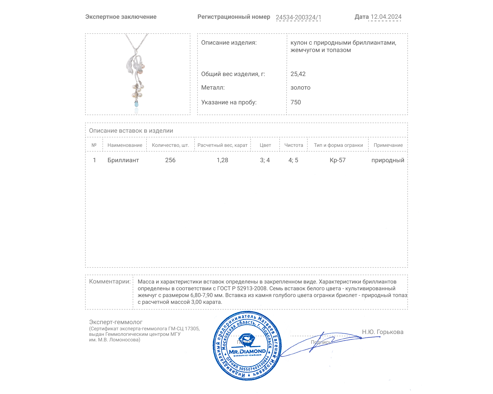 Золотой кулон с жемчугом 6.80*7.90 мм и топазом 3.00ct