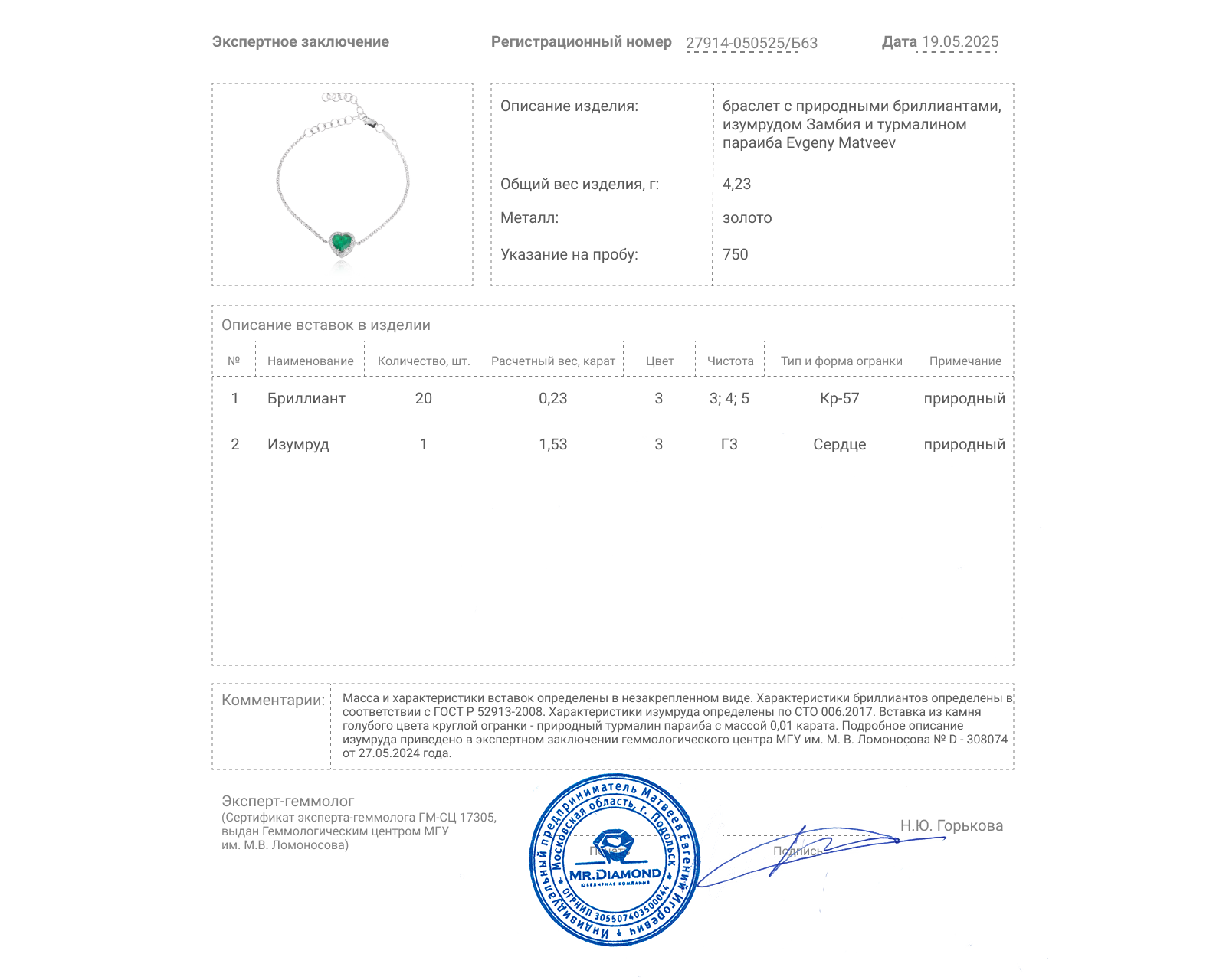 Золотой браслет с изумрудом Замбия 1.53ct Evgeny Matveev