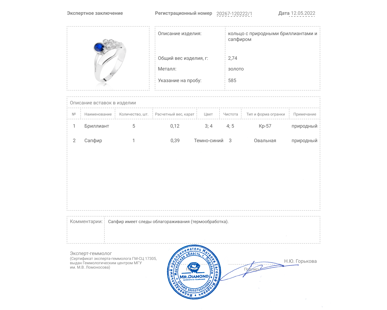 Притягательное золотое кольцо с сапфиром 0.39ct