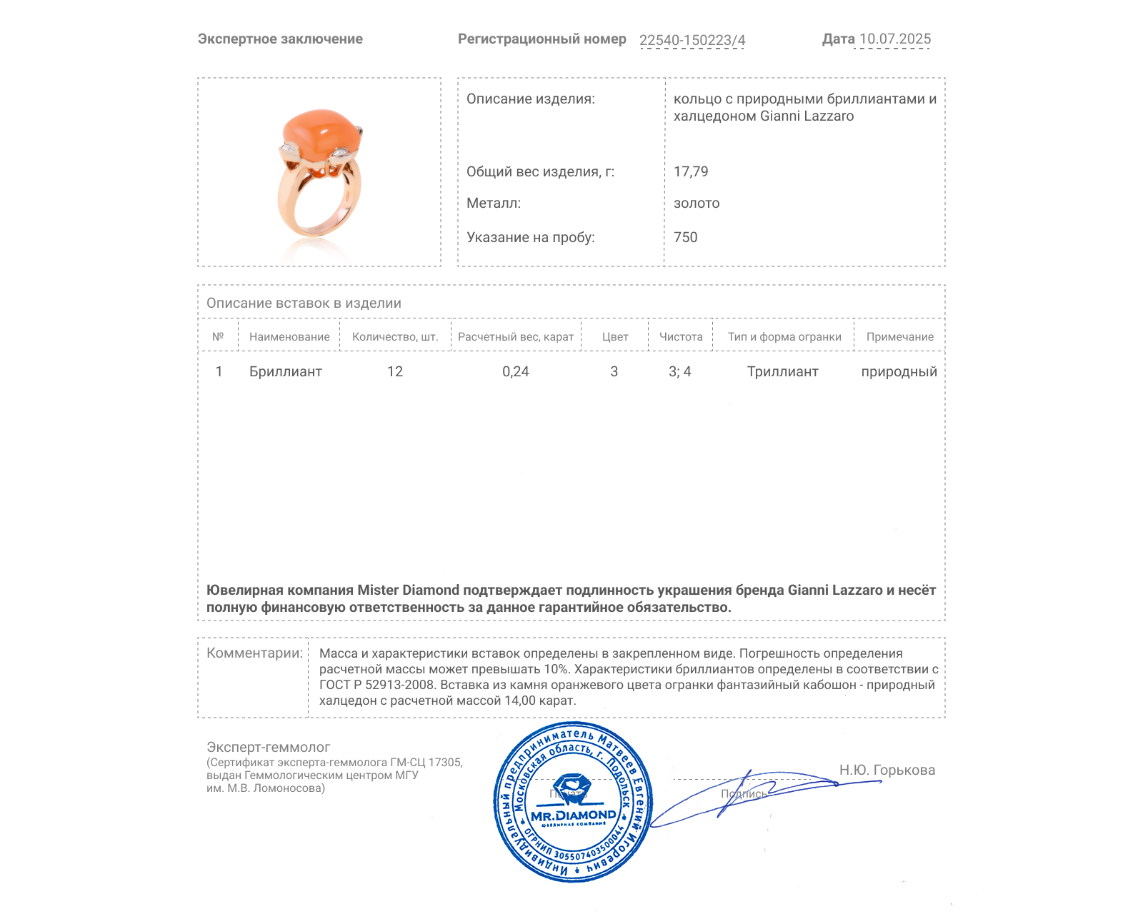 Оригинальное золотое кольцо с халцедоном 14.00ct Gianni Lazzaro