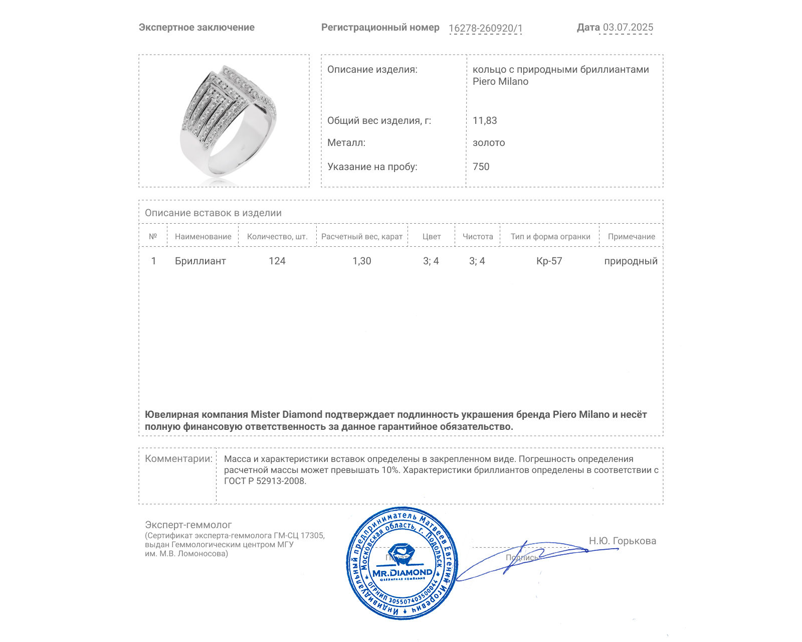 Оригинальное золотое кольцо с бриллиантами 1.30ct Piero Milano