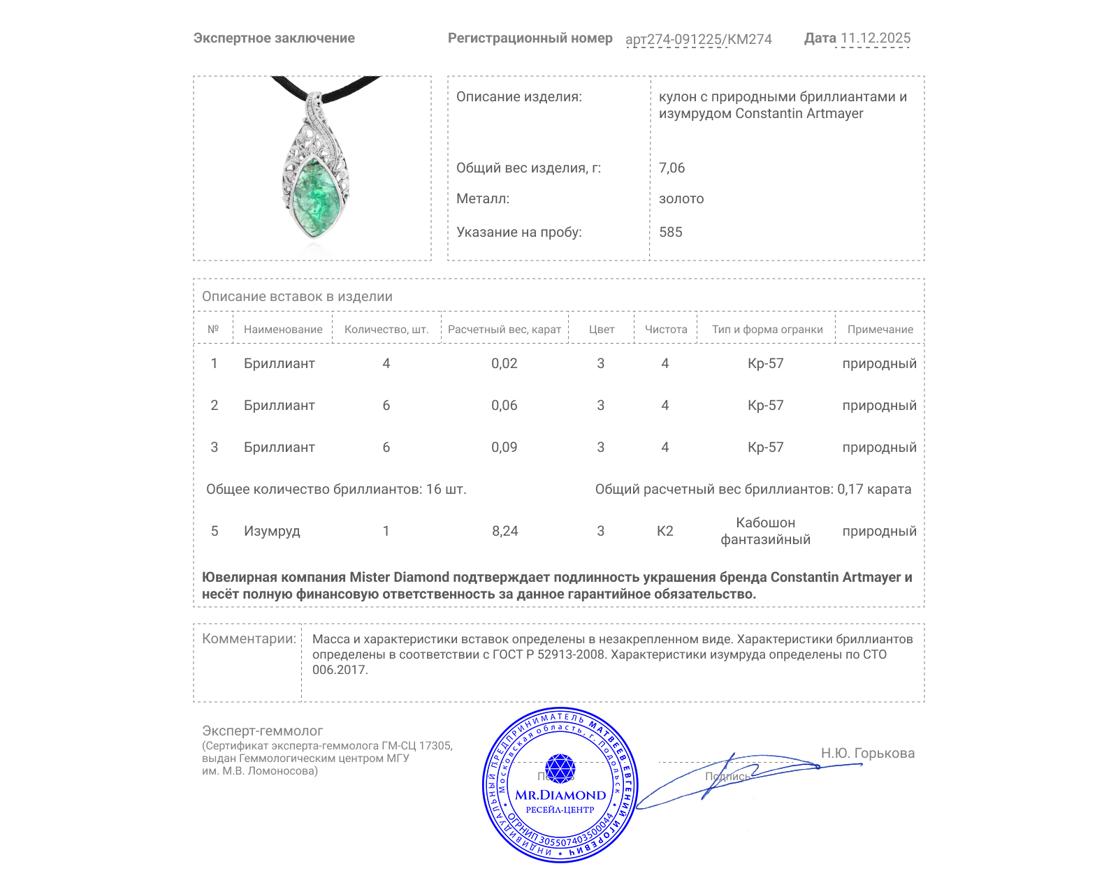 Оригинальный золотой кулон с изумрудом 8.24ct Constantin Artmayer