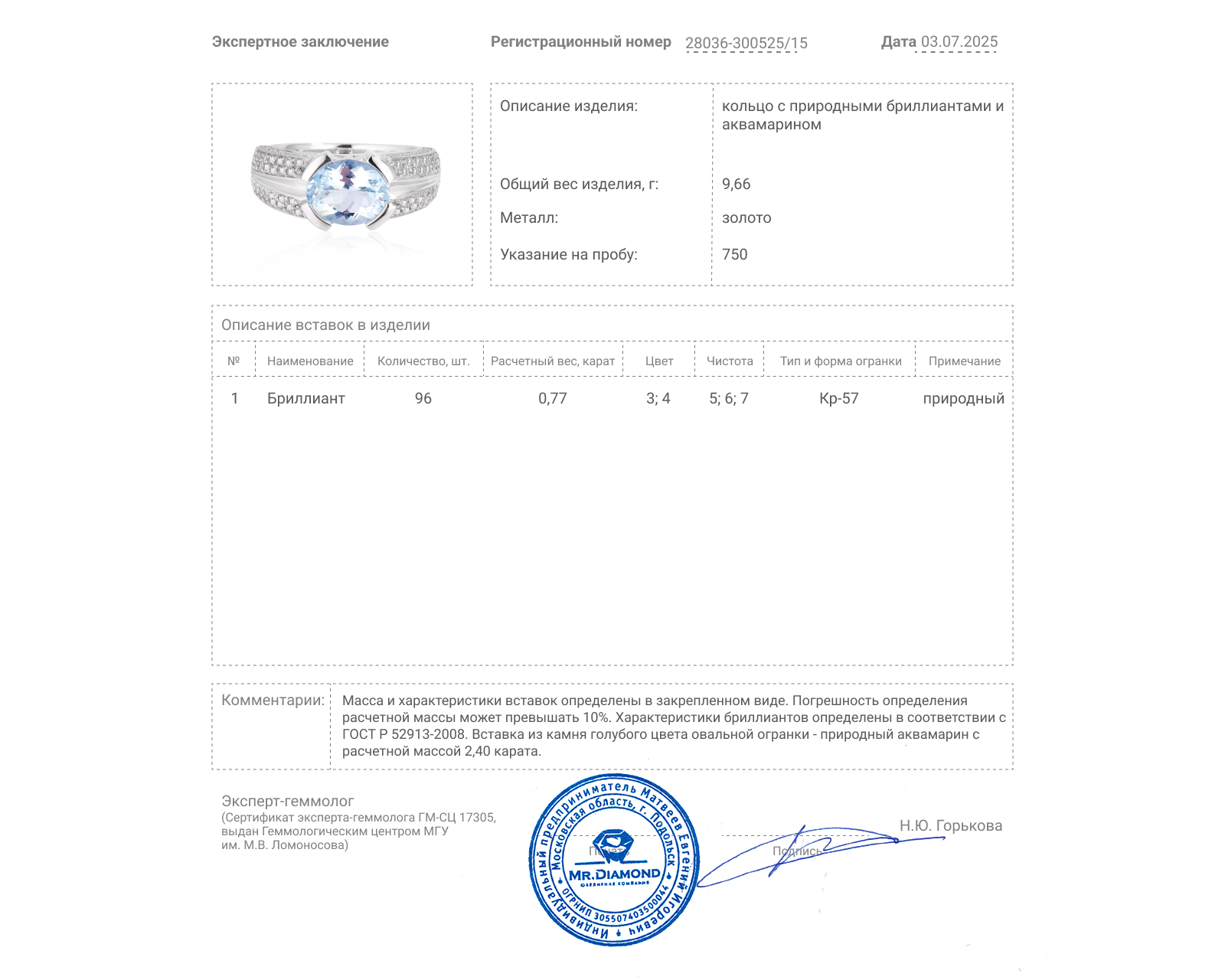 Золотое кольцо с аквамарином 2.40ct и бриллиантами 0.77ct