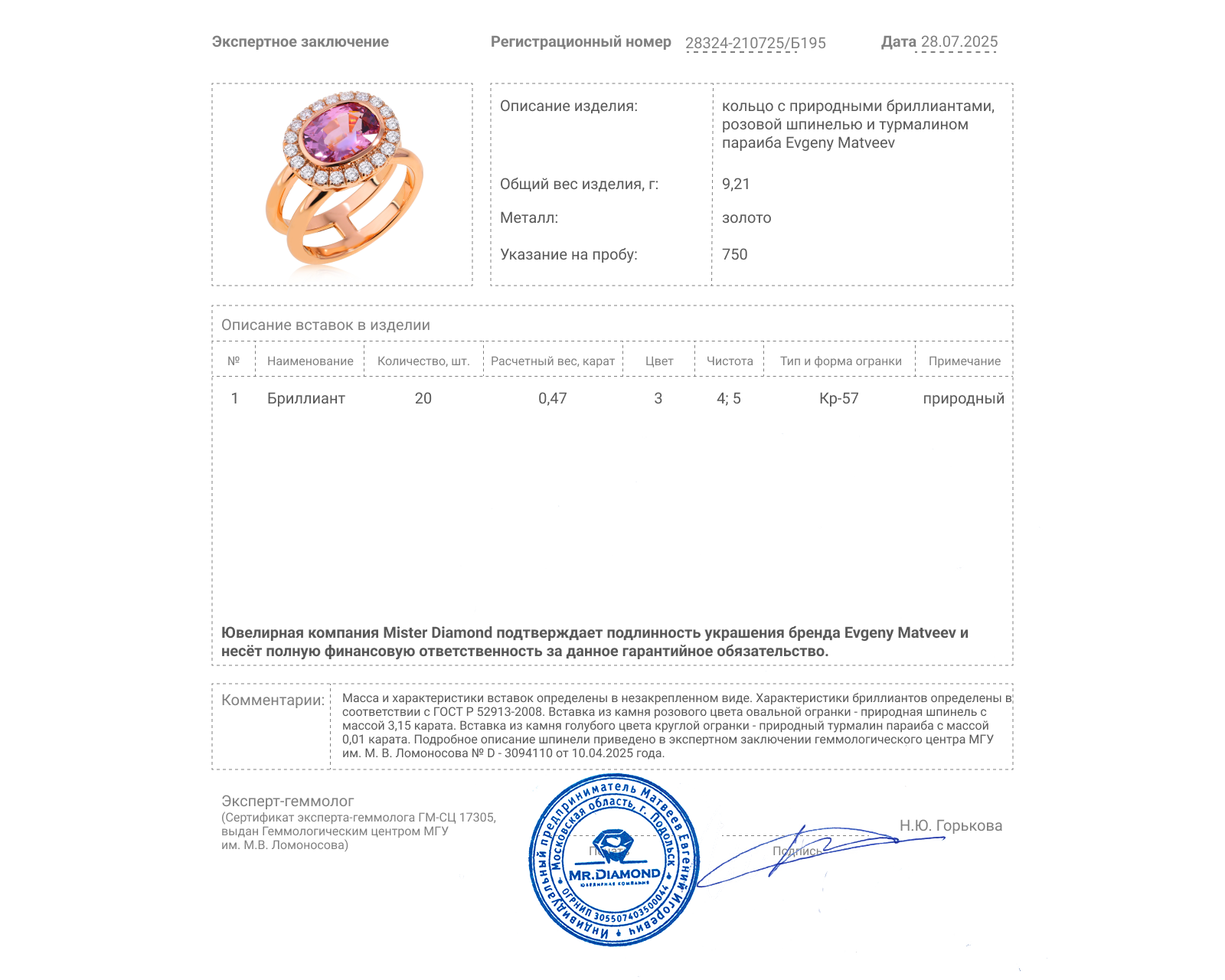 Золотое кольцо с розовой шпинелью 3.15ct Evgeny Matveev