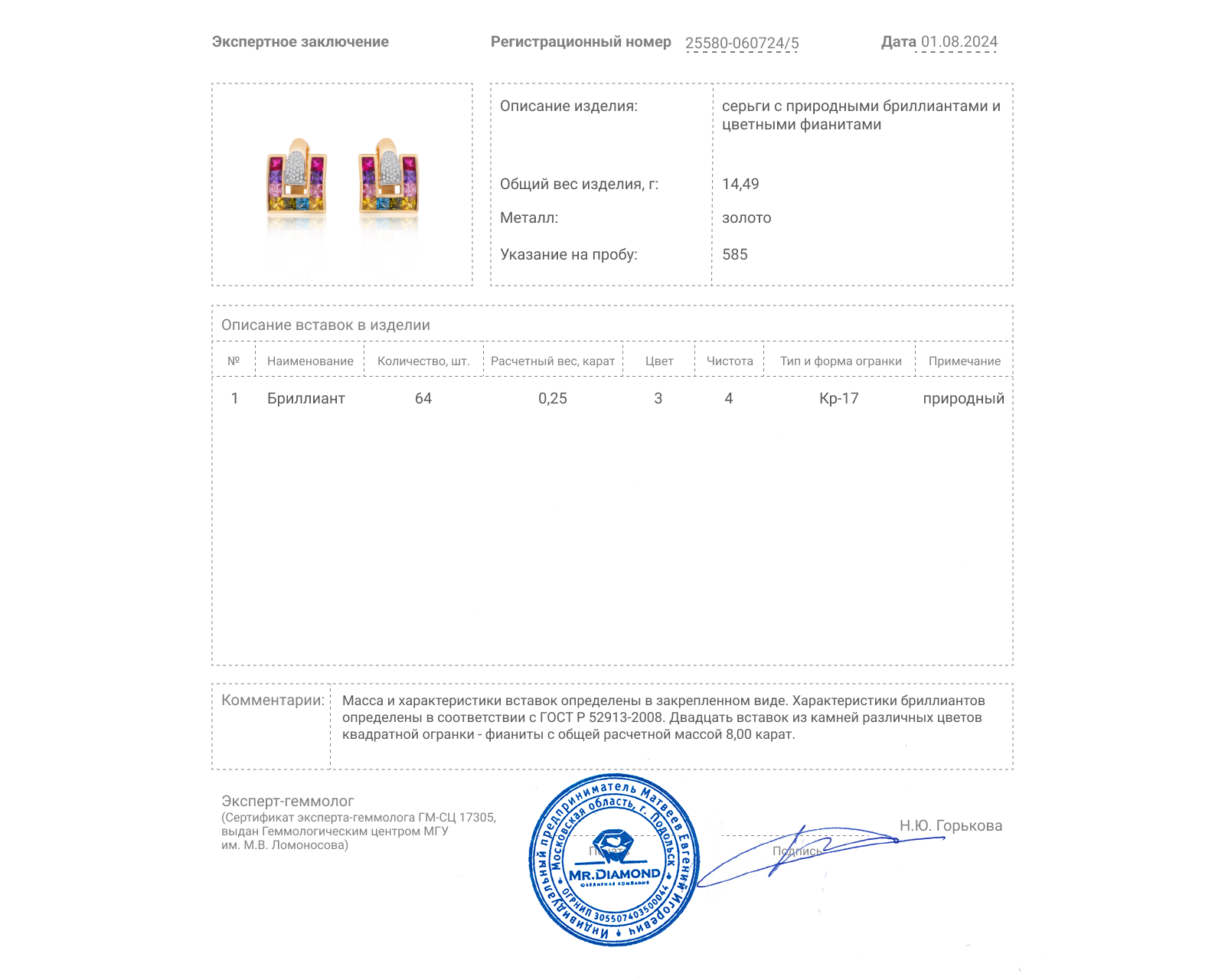 Золотые серьги с цветными фианитами 8.00ct