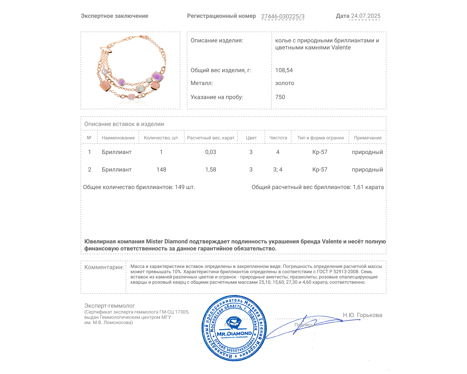 Оригинальное золотое колье с цветными камнями 72.60ct Valente