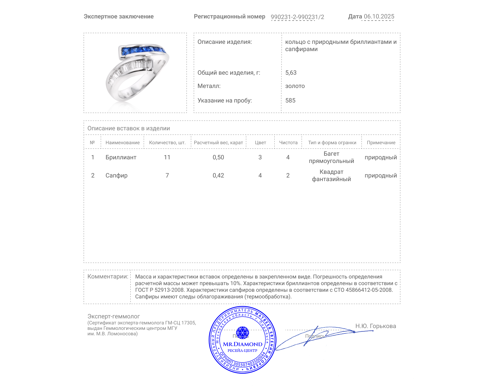 Золотое кольцо с сапфирами 0.42ct и бриллиантами 0.50ct