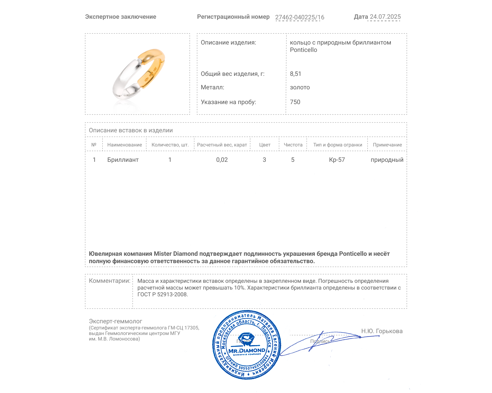 Оригинальное золотое кольцо с бриллиантом 0.02ct Ponticello