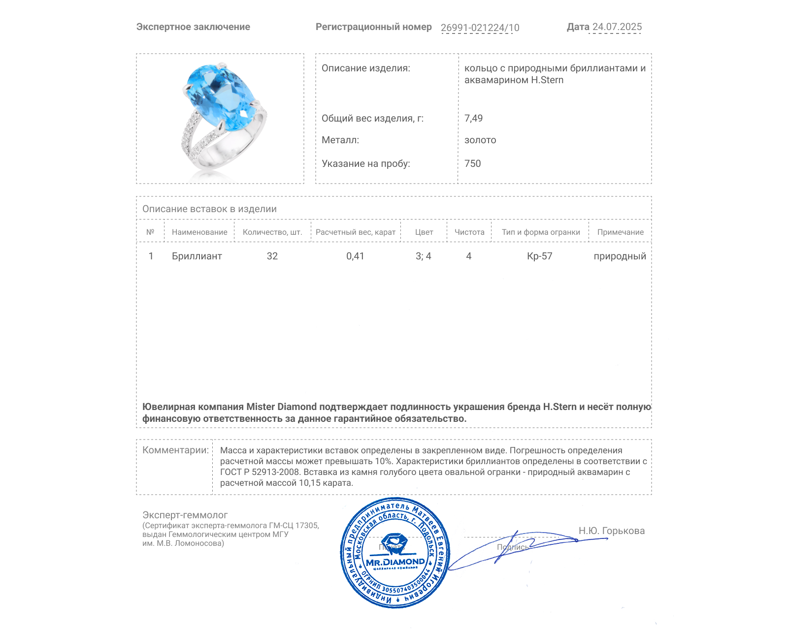 Оригинальное золотое кольцо с аквамарином 10.15ct H.Stern