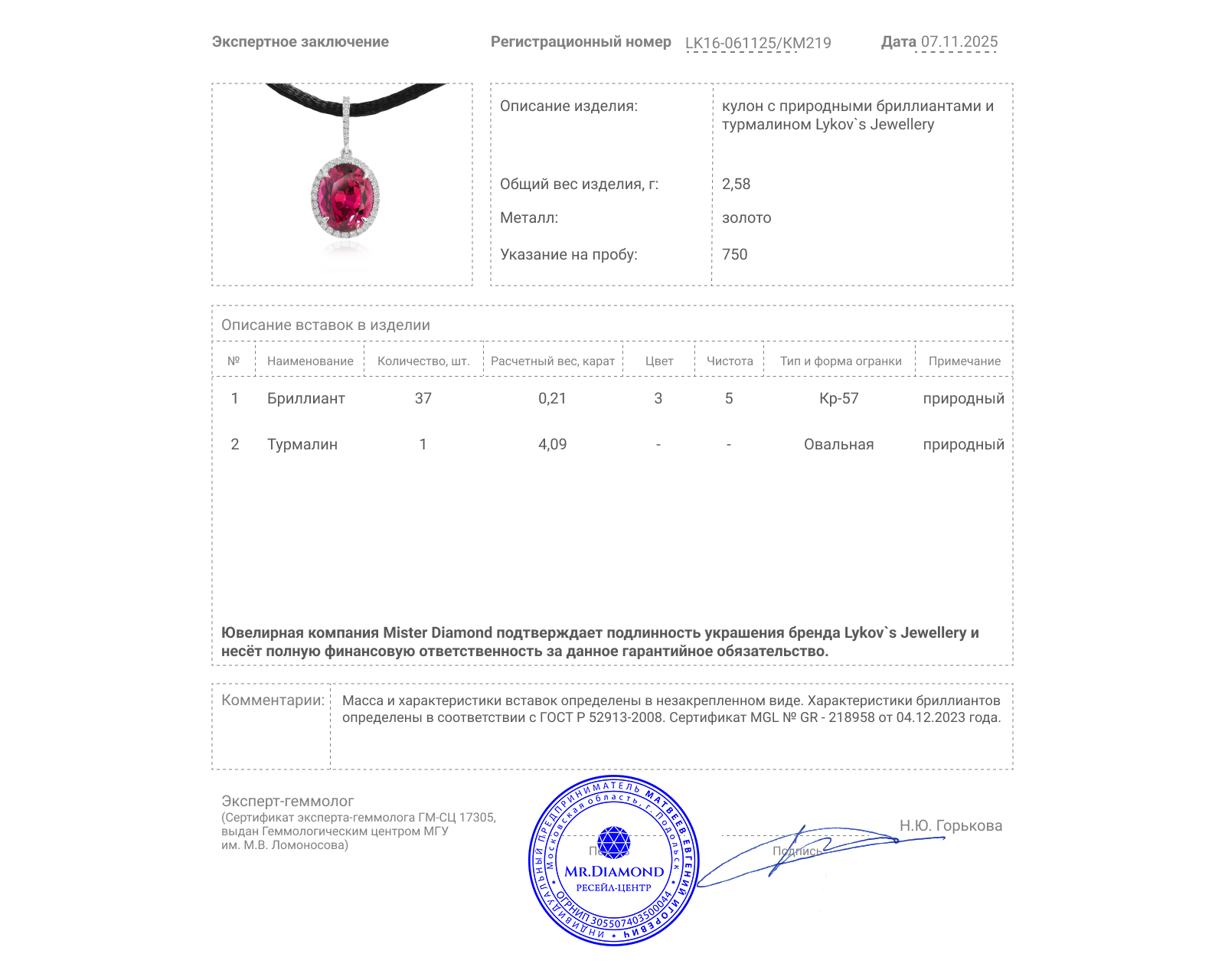 Оригинальный золотой кулон с турмалином 4.09ct Lykov`s Jewellery