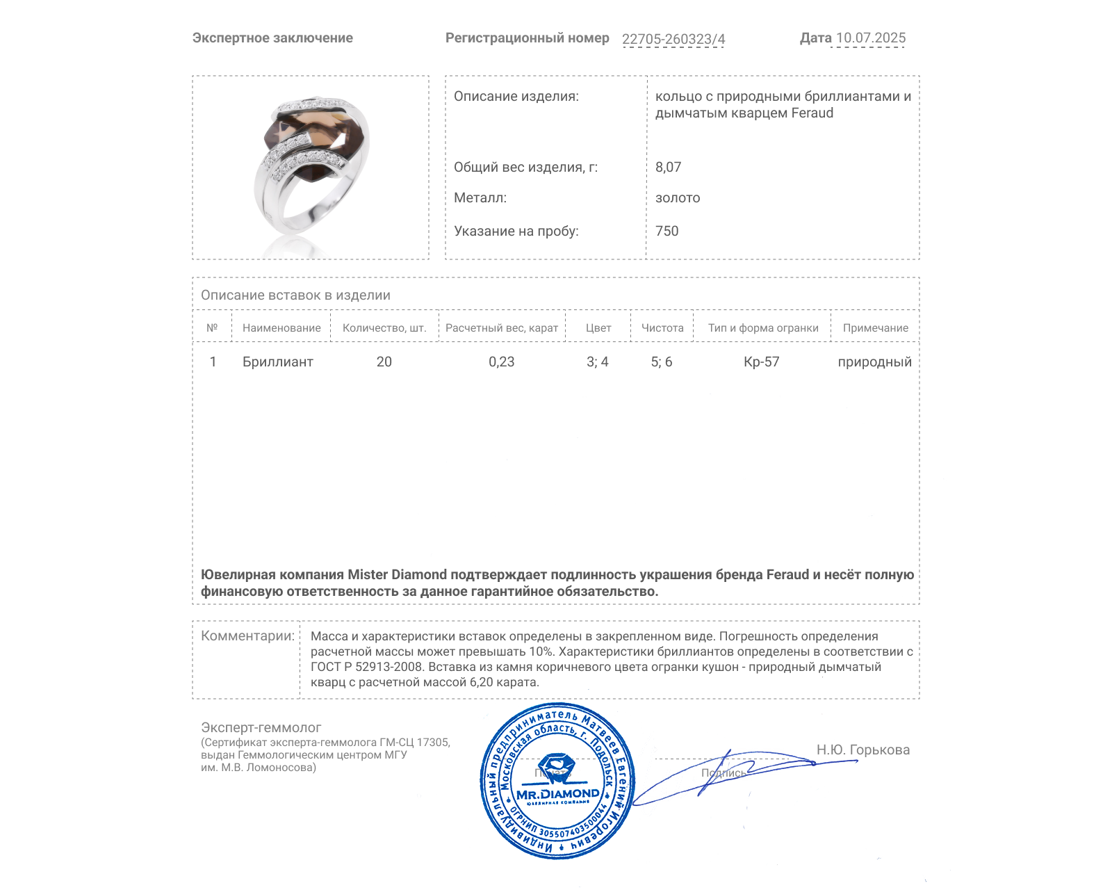 Оригинальное золотое кольцо с кварцем 6.20ct Feraud