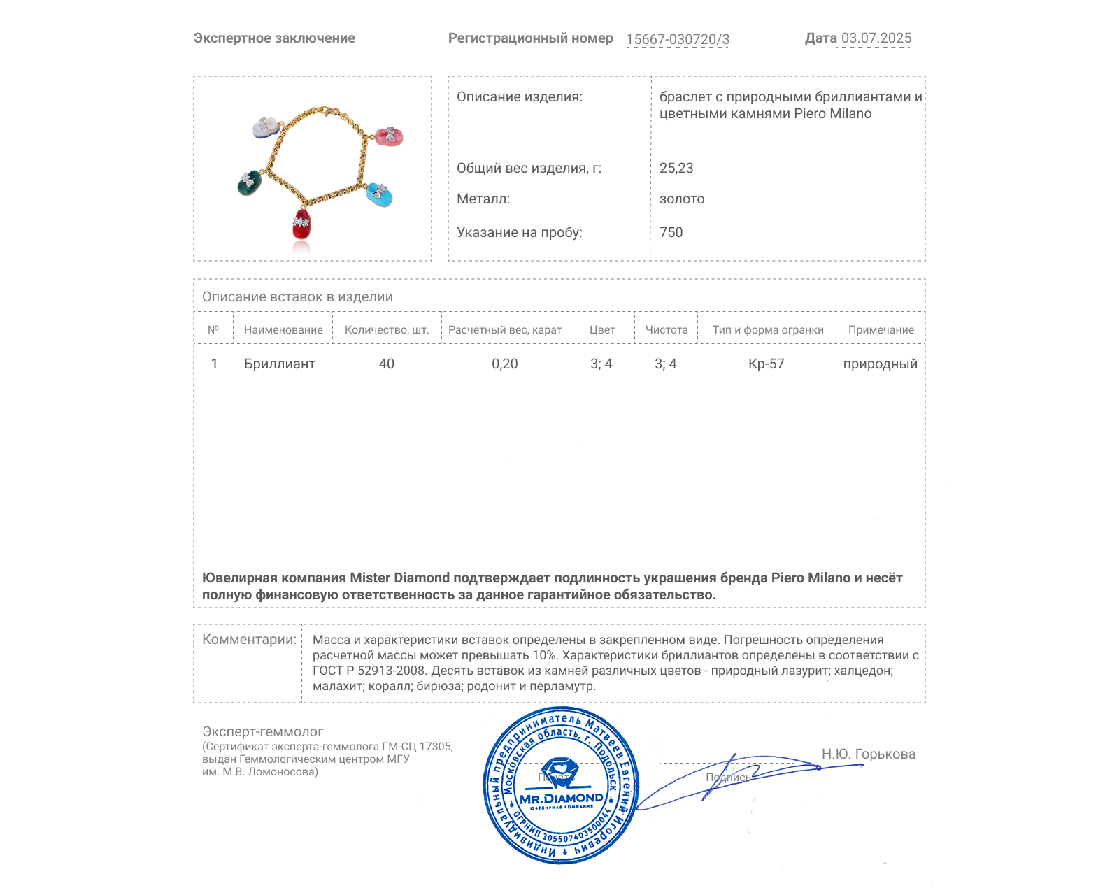 Оригинальный золотой браслет с цветными камнями Piero Milano
