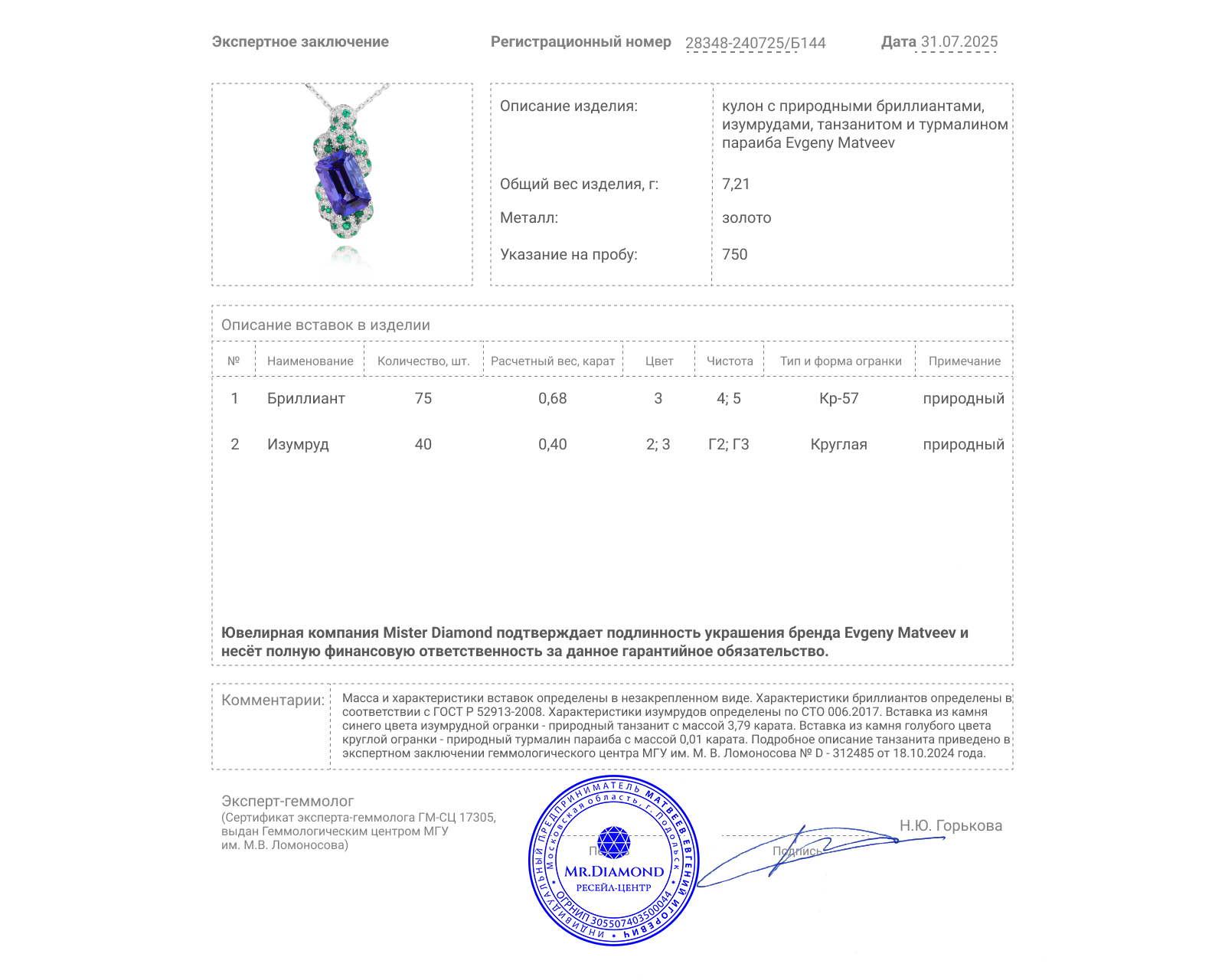Золотой кулон с танзанитом 3.79ct Evgeny Matveev