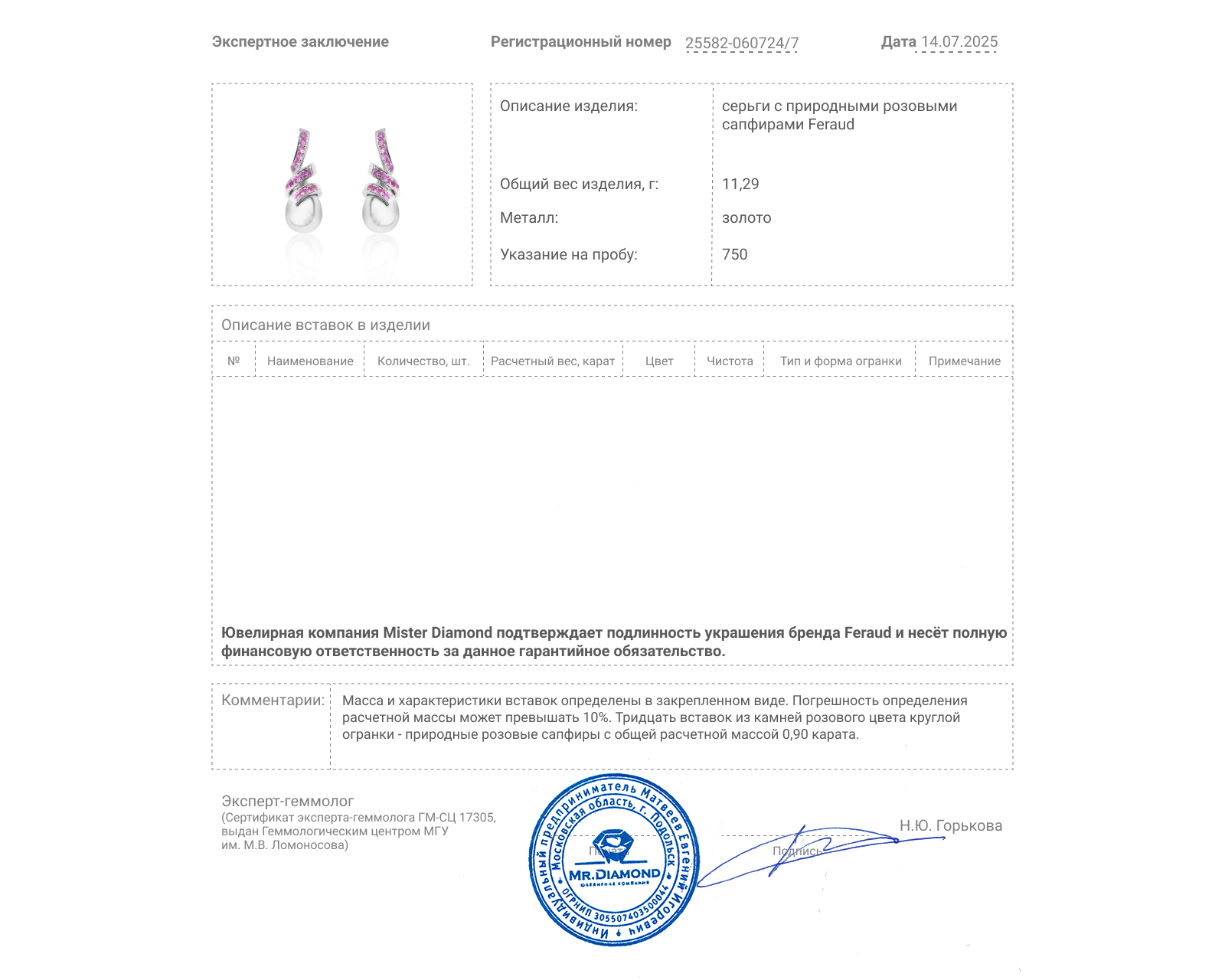 Оригинальные золотые серьги с сапфирами 0.90ct Feraud