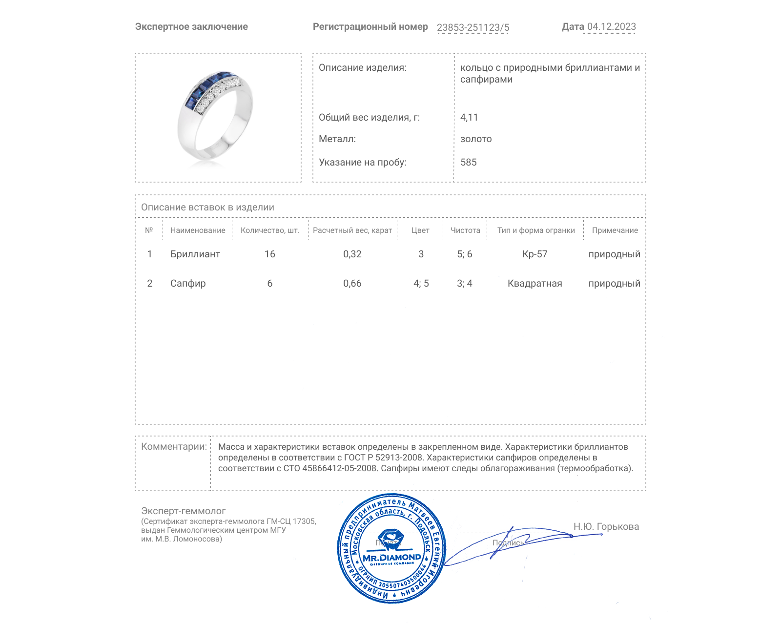 Золотое кольцо с сапфирами 0.66ct и бриллиантами 0.32ct