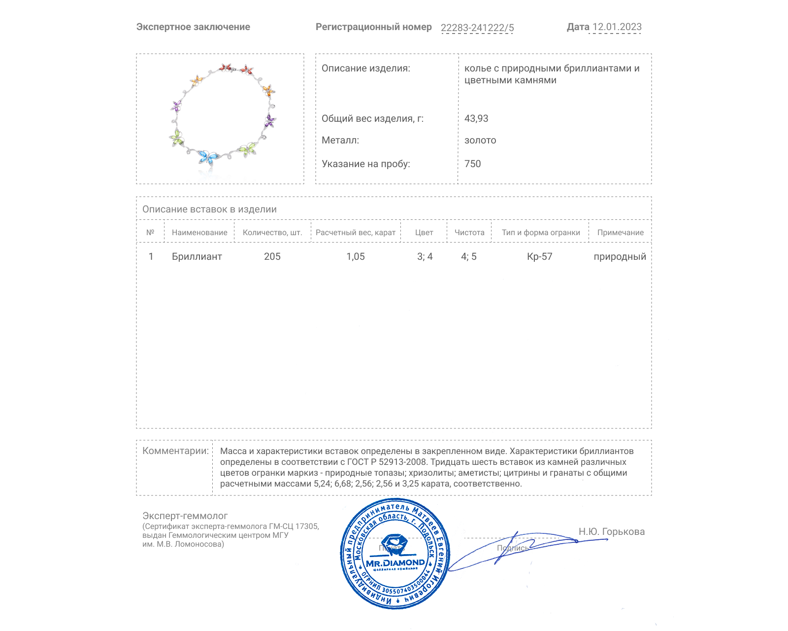 Очаровательное золотое колье с цветными камнями 20.29ct