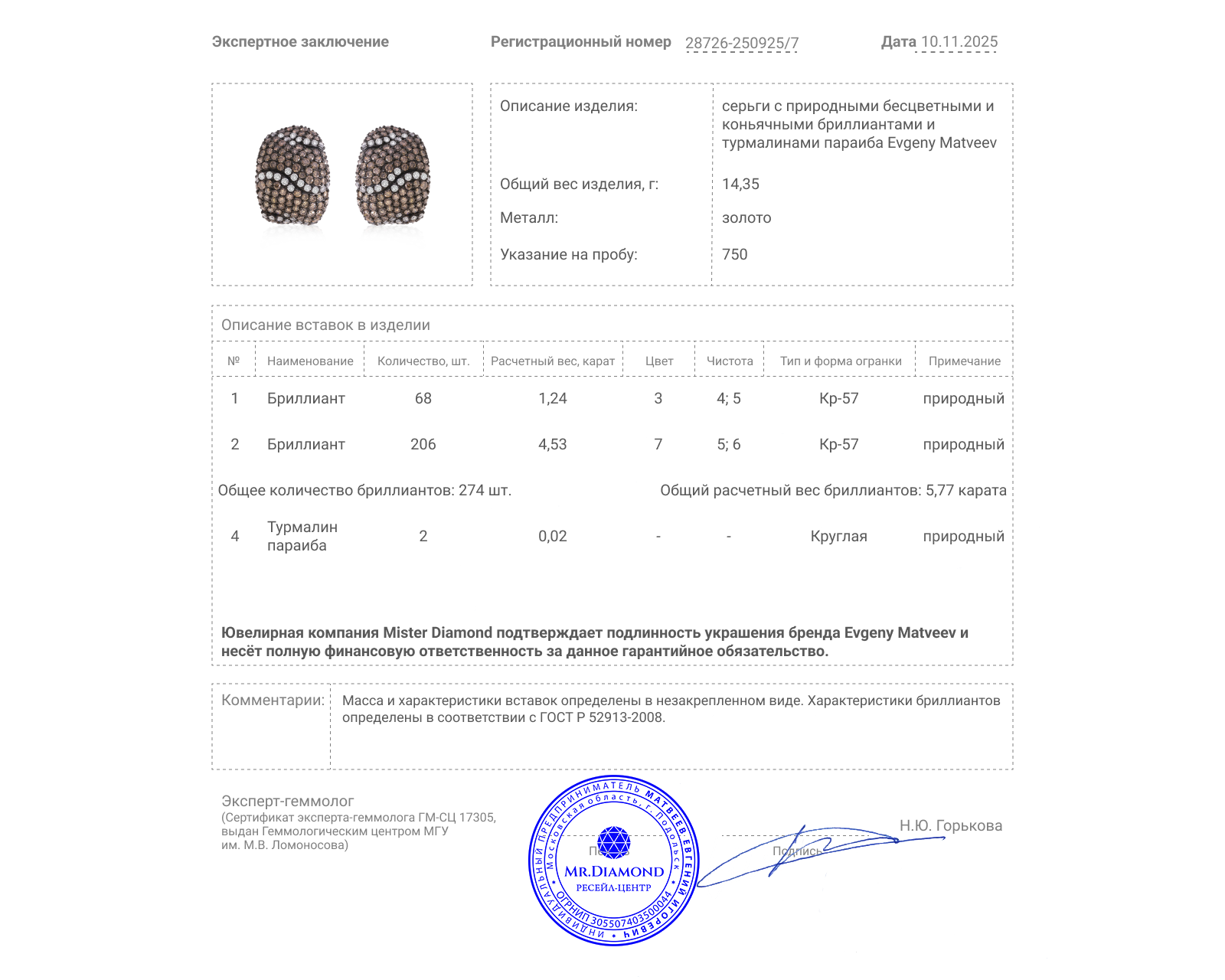 Золотые серьги с бриллиантами 5.77ct Evgeny Matveev