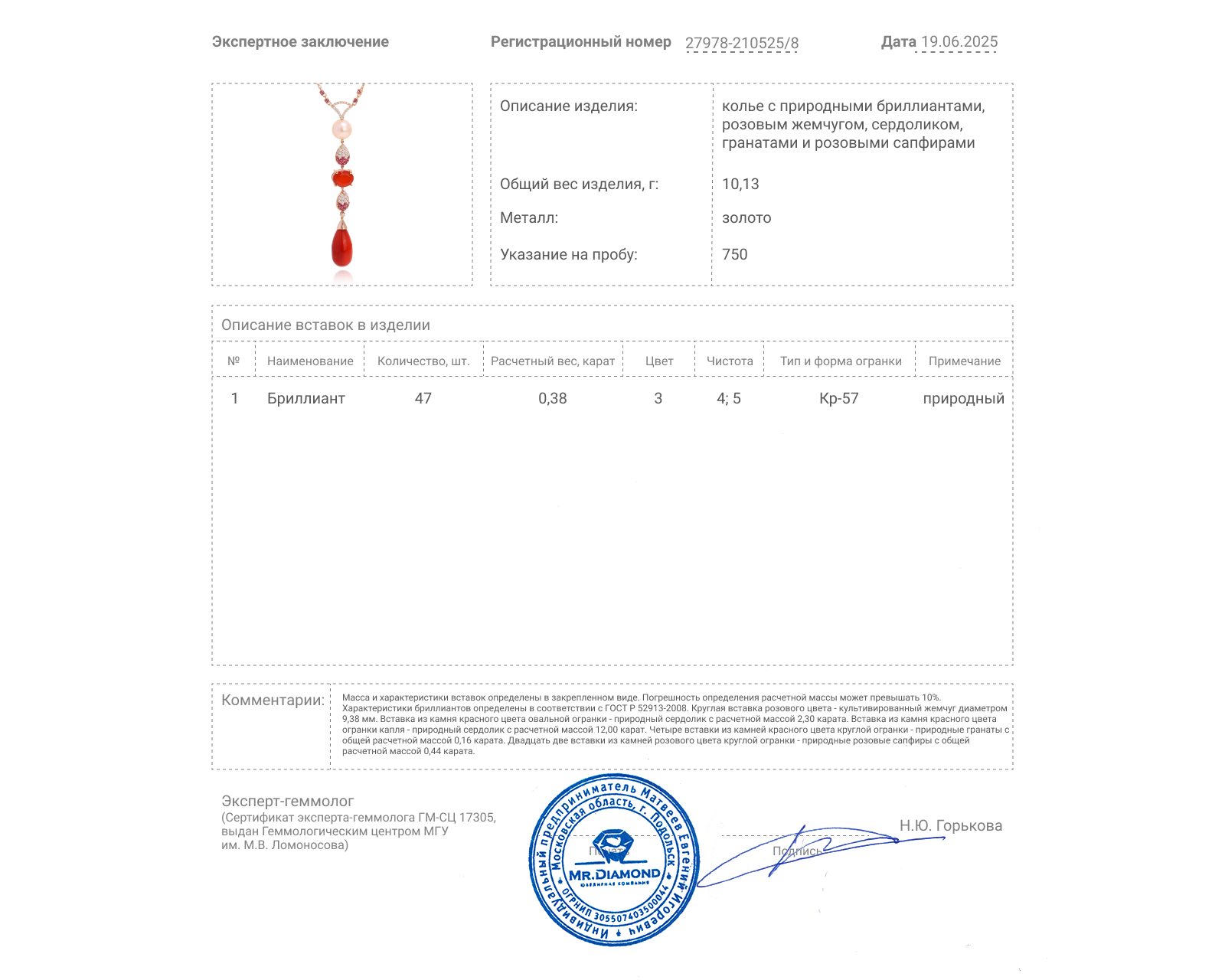 Золотое колье с цветными камнями 14.90ct