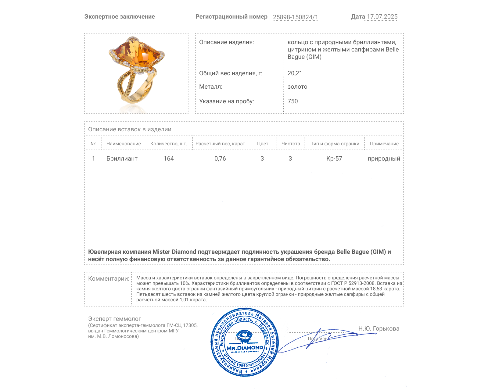 Оригинальное золотое кольцо с цитрином 18.53ct Belle Bague (GIM)