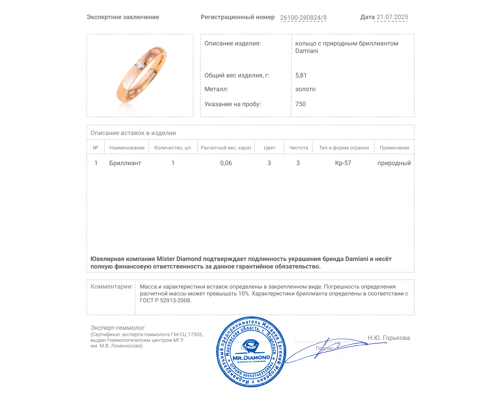 Оригинальное золотое кольцо Damiani Veramore