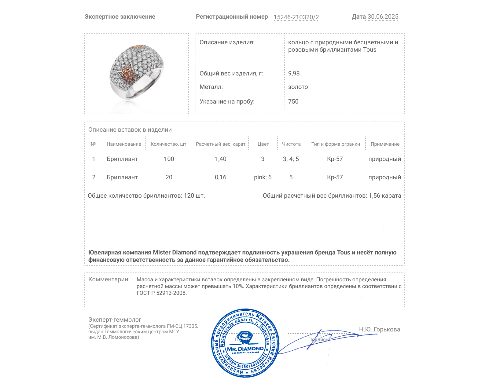 Оригинальное золотое кольцо с бриллиантами 1.56ct Tous