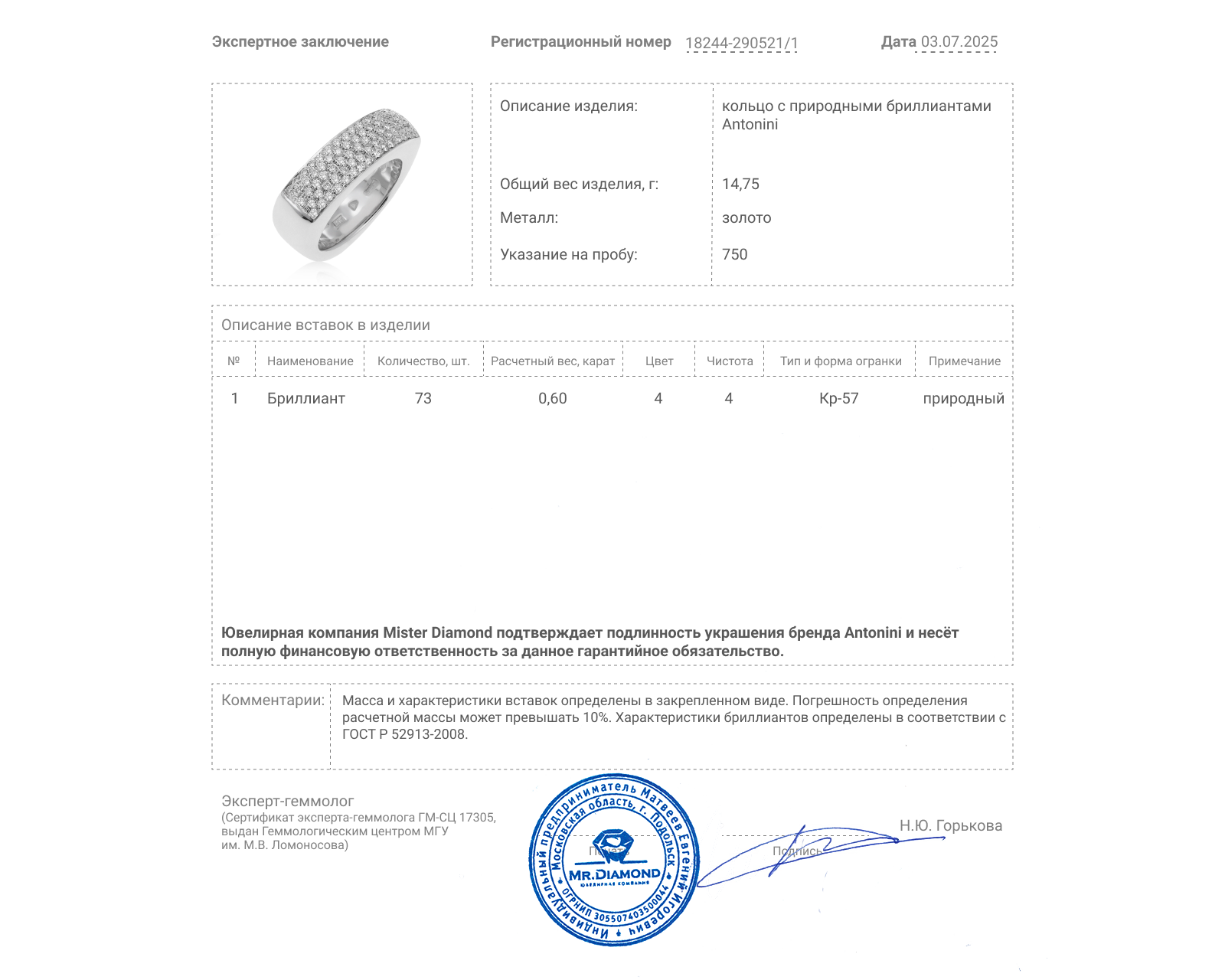 Оригинальное золотое кольцо с бриллиантами 0.60ct Antonini