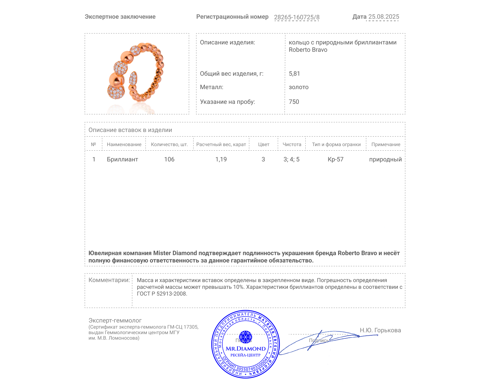 Оригинальное золотое кольцо с бриллиантами 1.19ct Roberto Bravo