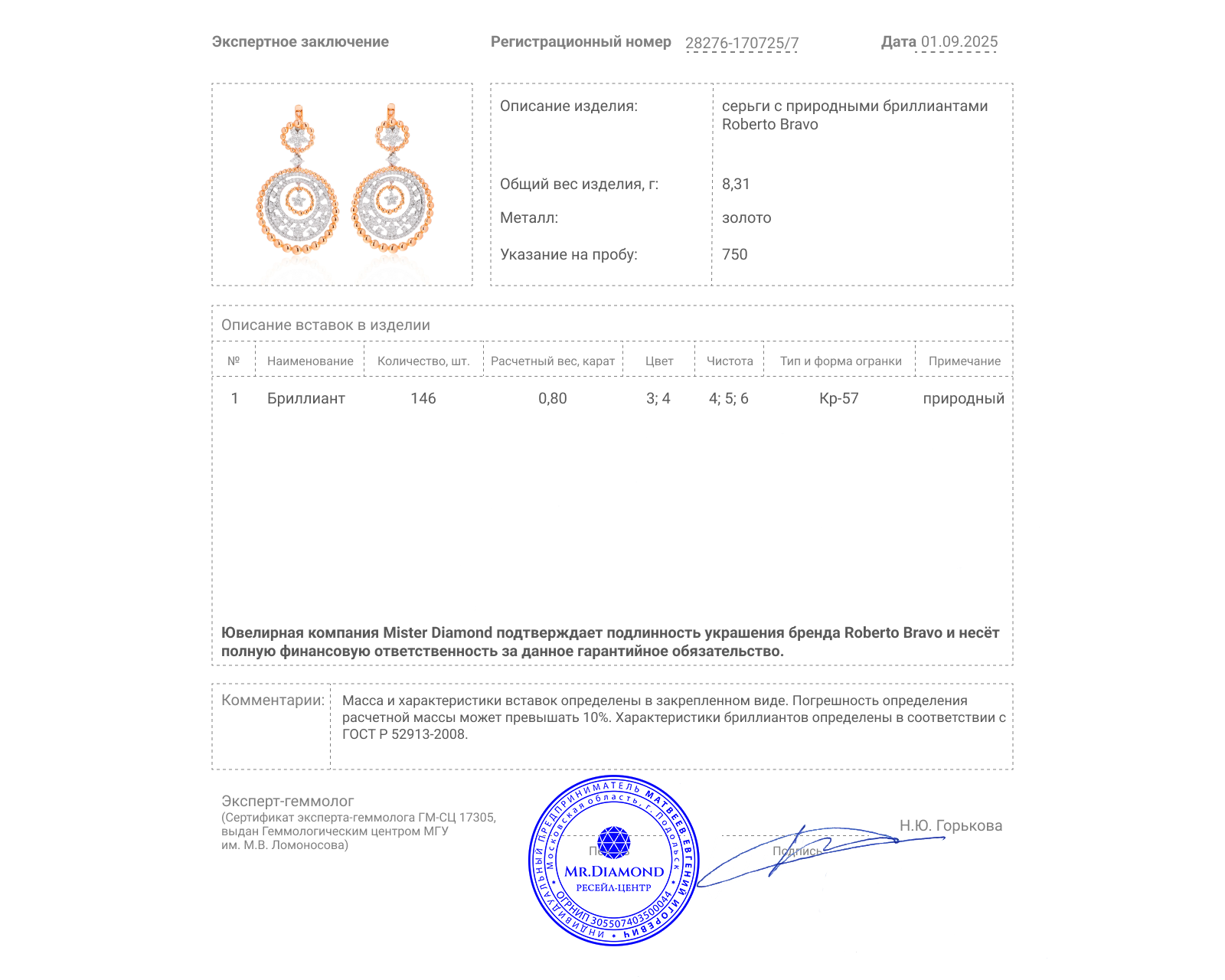 Оригинальные золотые серьги с бриллиантами 0.80ct Roberto Bravo