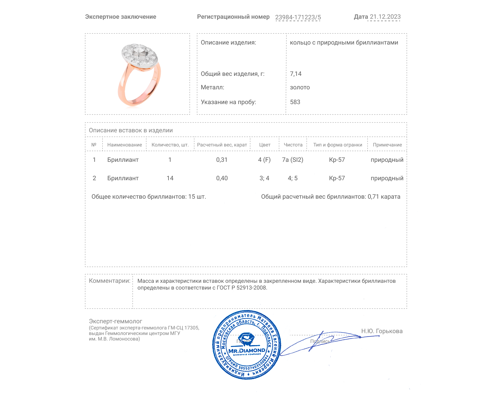 Золотое кольцо с бриллиантами 0.71ct СССР