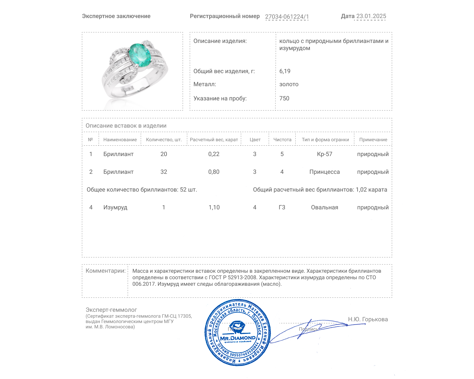 Золотое кольцо с изумрудом 1.10ct и бриллиантами 1.02ct