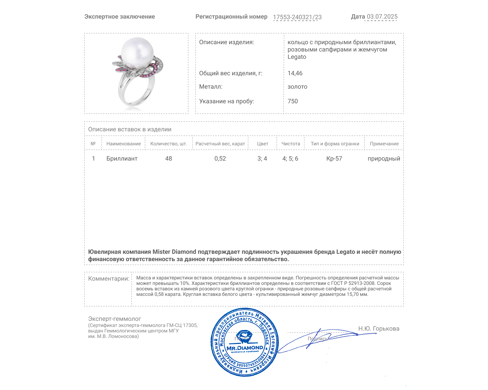 Оригинальное золотое кольцо с жемчугом 15.70 мм Legato
